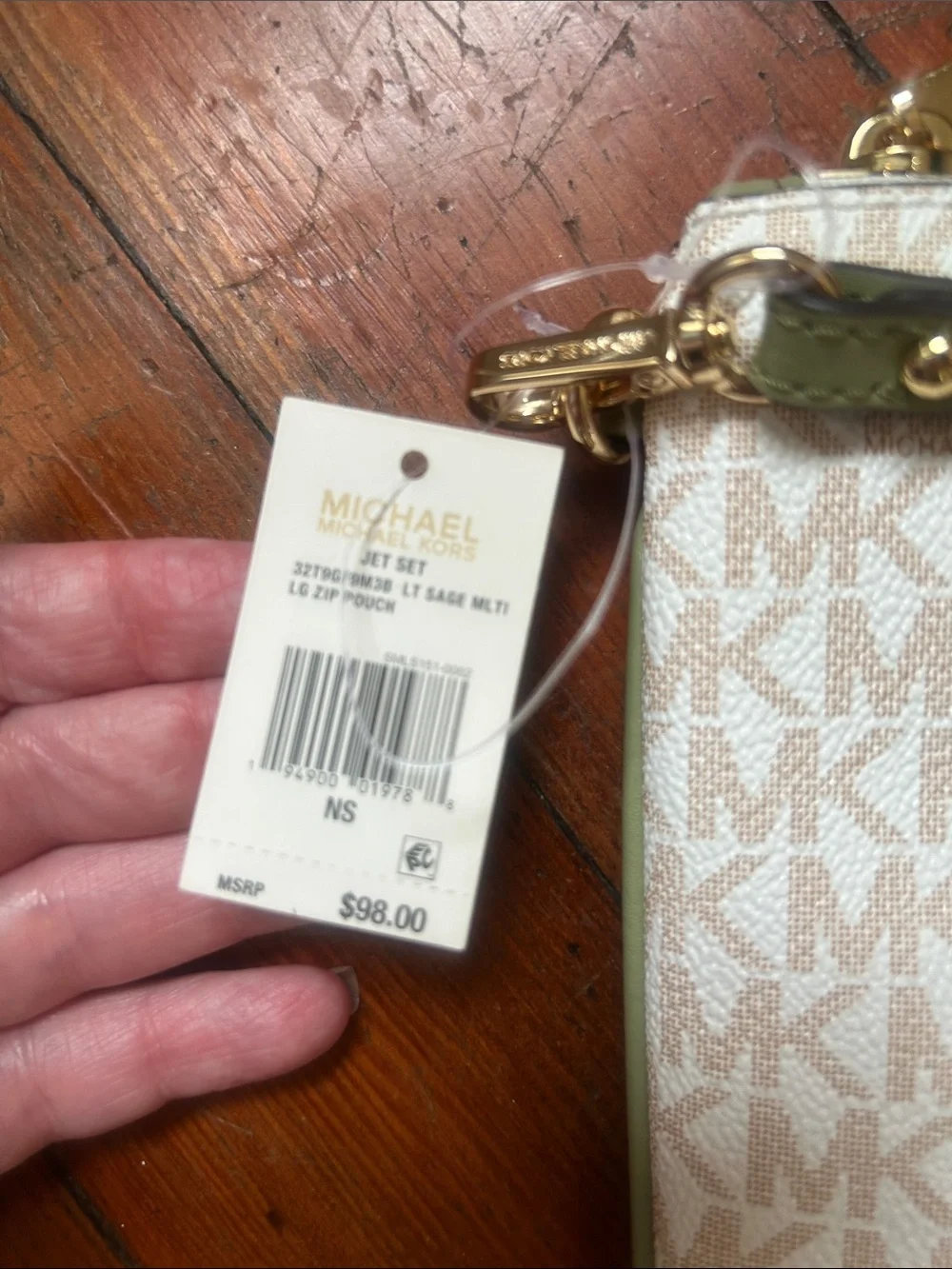 Michael Kors Cream Wristlet with Olive Center Stripe